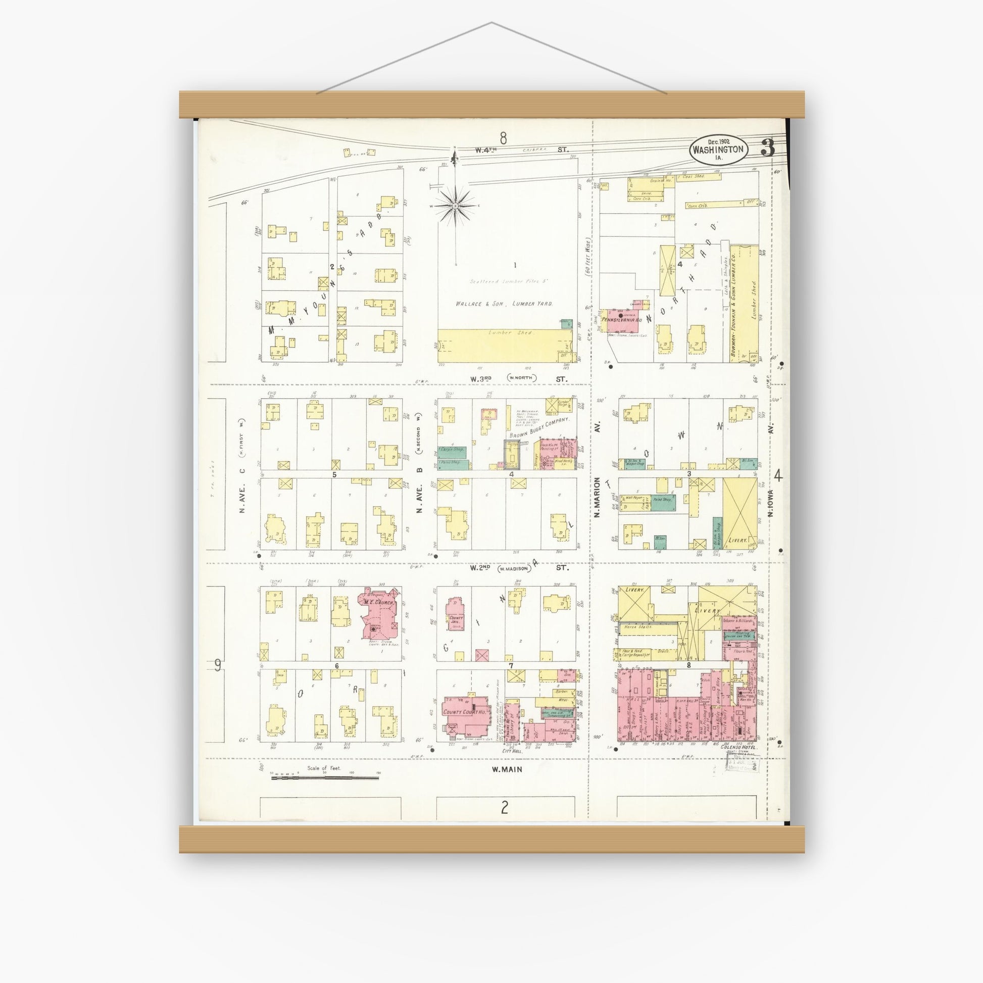 Old map wall art mockup — magnetic wood frame on white wall — Sanborn Fire Insurance Map from Washington, Washington County, Iowa (1902), Sheet #0003