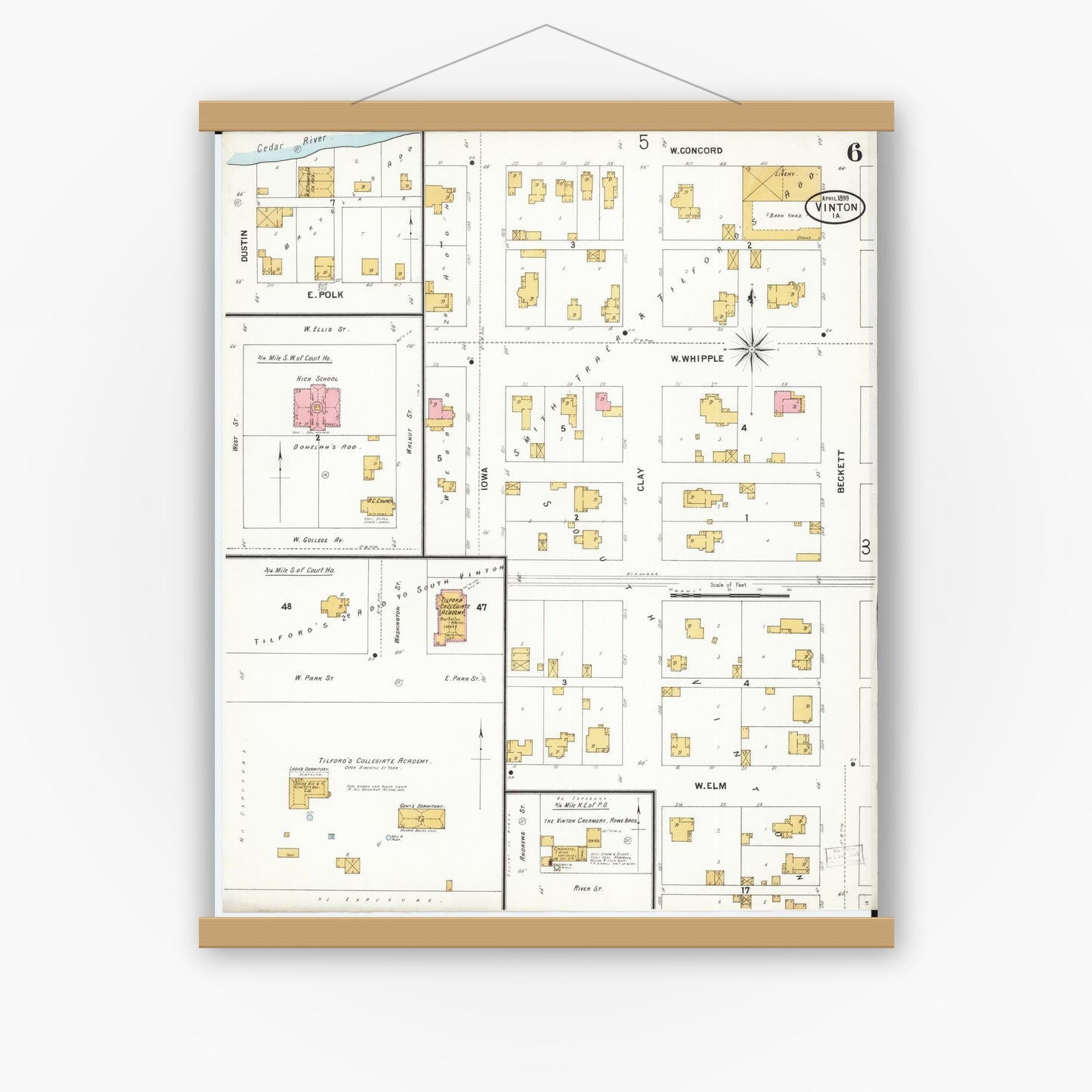 Old map wall art mockup — magnetic wood frame on white wall — Sanborn Fire Insurance Map from Vinton, Benton County, Iowa (1899), Sheet #0006