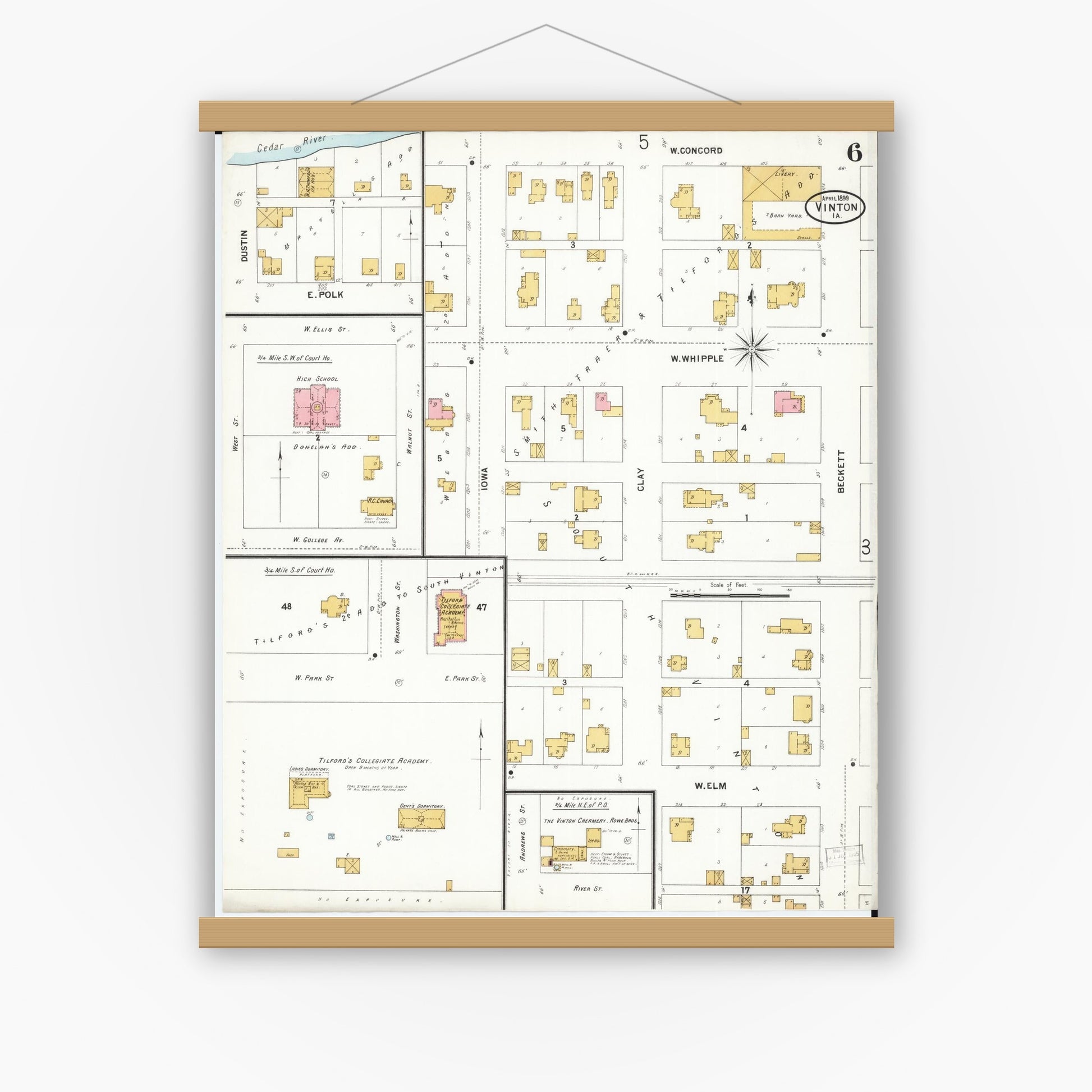 Old map wall art mockup — magnetic wood frame on white wall — Sanborn Fire Insurance Map from Vinton, Benton County, Iowa (1899), Sheet #0006