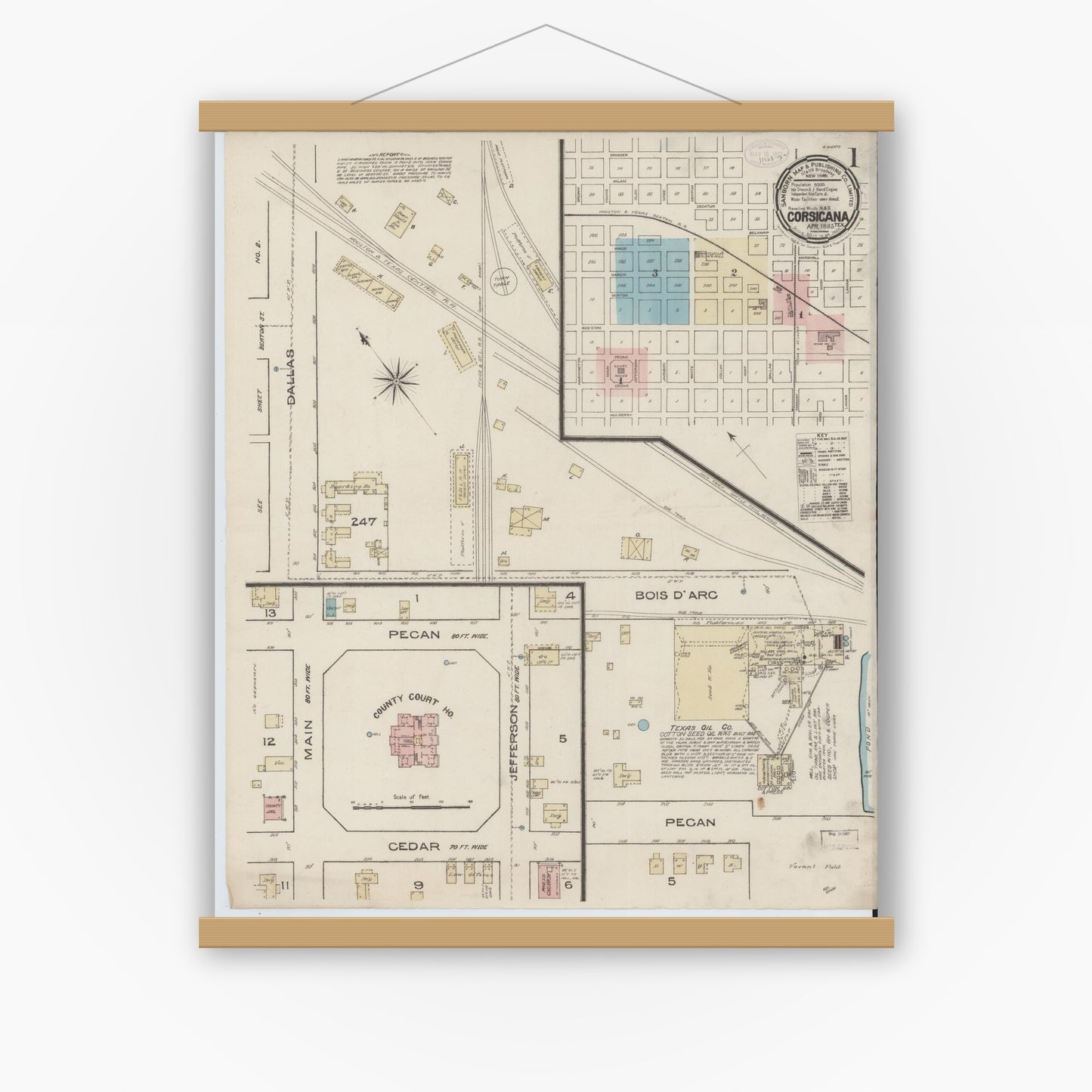 Old map wall art mockup — magnetic wood frame on white wall — Sanborn Fire Insurance Map from Corsicana, Navarro County, Texas (1885), Sheet #0001