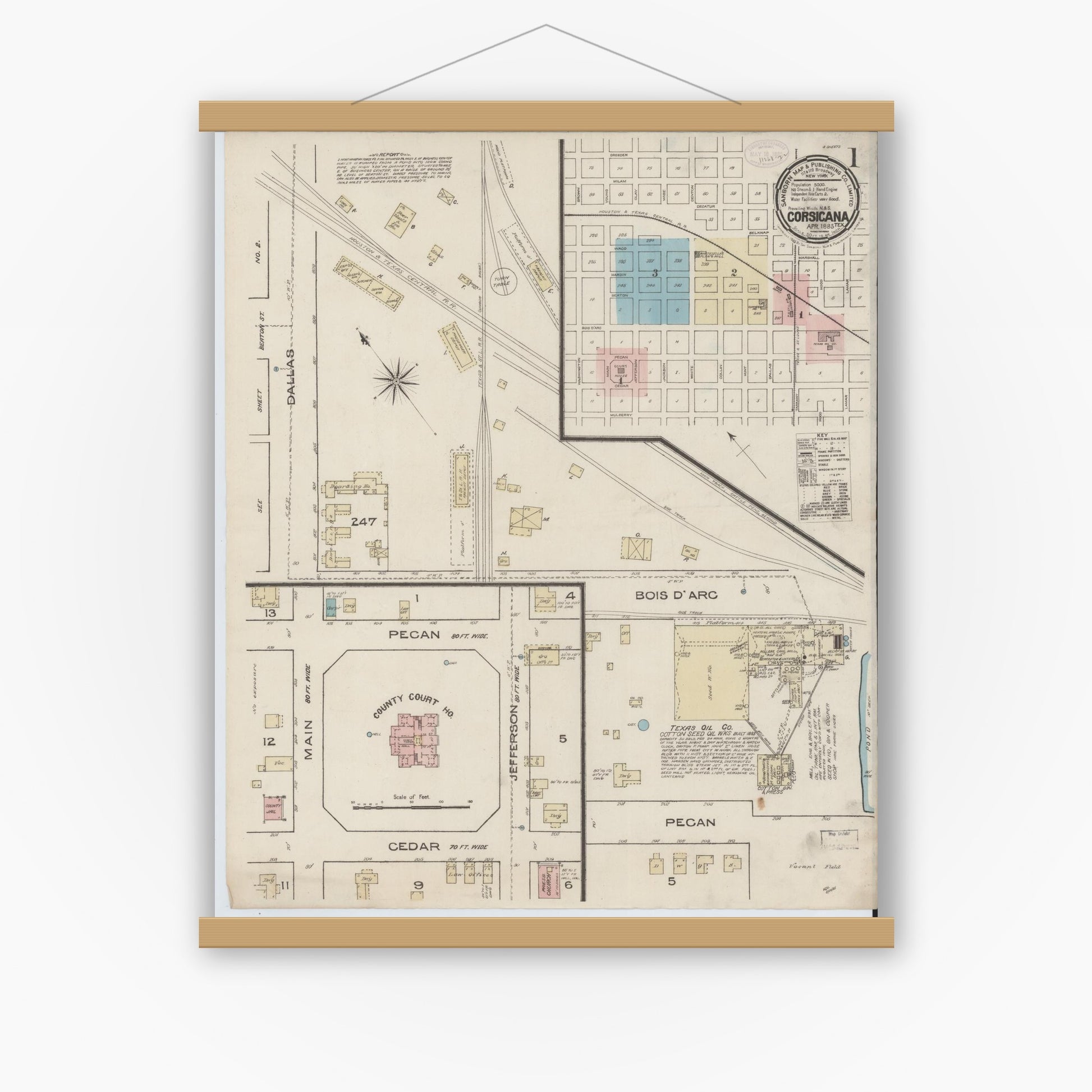Old map wall art mockup — magnetic wood frame on white wall — Sanborn Fire Insurance Map from Corsicana, Navarro County, Texas (1885), Sheet #0001