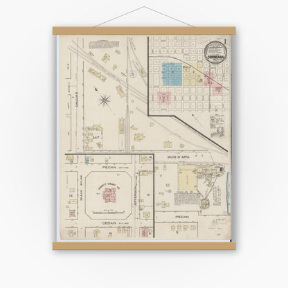 Old map wall art mockup — magnetic wood frame on white wall — Sanborn Fire Insurance Map from Corsicana, Navarro County, Texas (1885), Sheet #0001