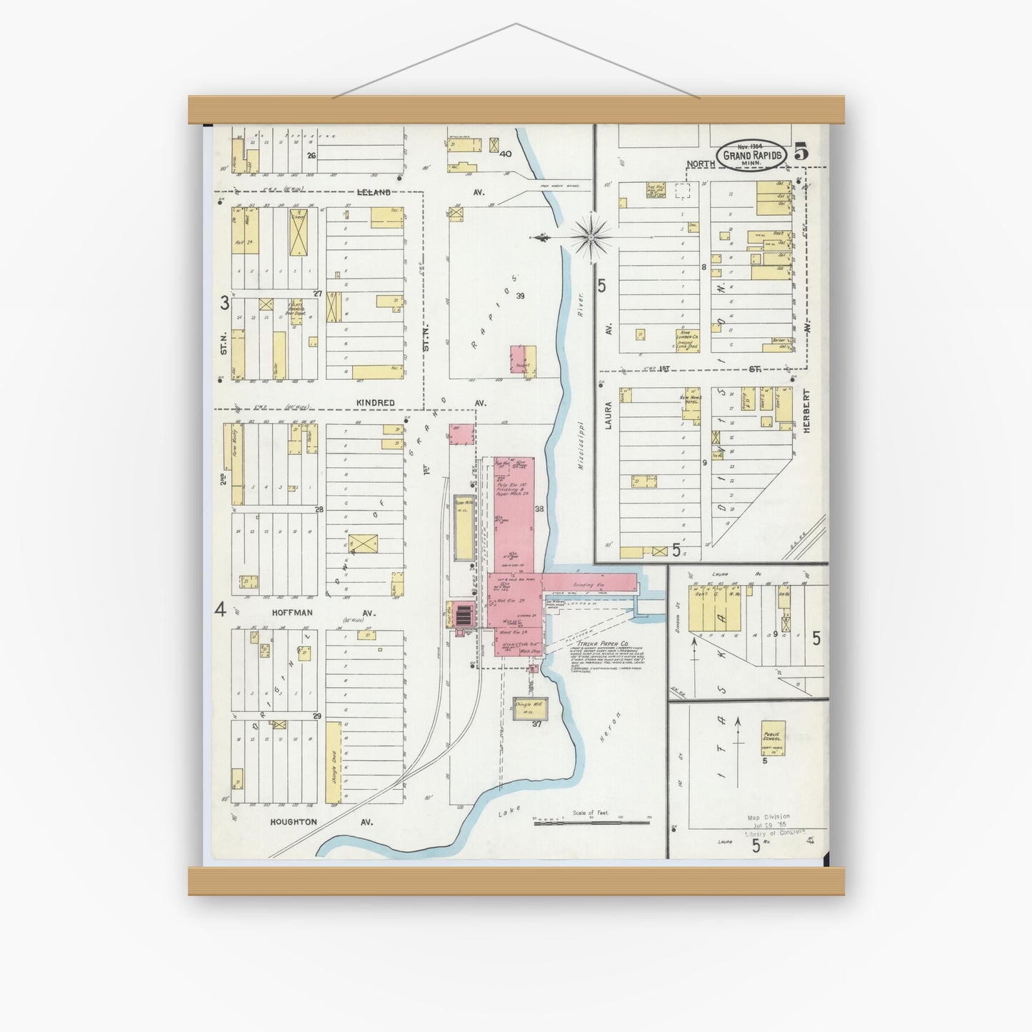 Old map wall art mockup — magnetic wood frame on white wall — Sanborn Fire Insurance Map from Grand Rapids, Itasca County, Minnesota (1904), Sheet #0005