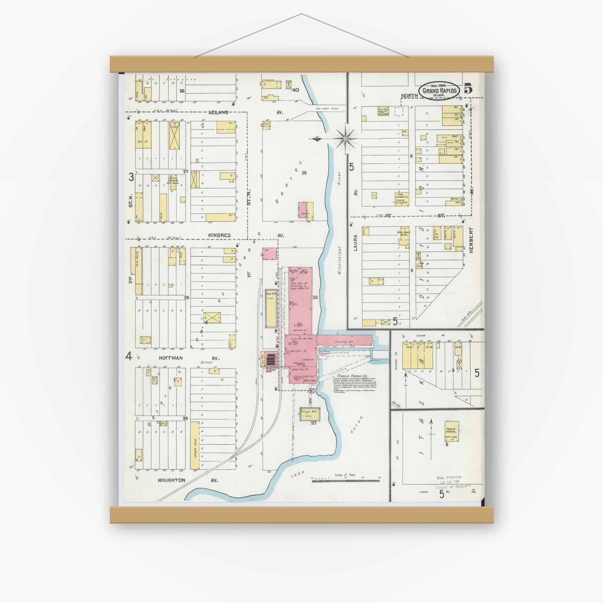 Old map wall art mockup — magnetic wood frame on white wall — Sanborn Fire Insurance Map from Grand Rapids, Itasca County, Minnesota (1904), Sheet #0005