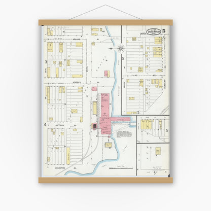 Old map wall art mockup — magnetic wood frame on white wall — Sanborn Fire Insurance Map from Grand Rapids, Itasca County, Minnesota (1904), Sheet #0005