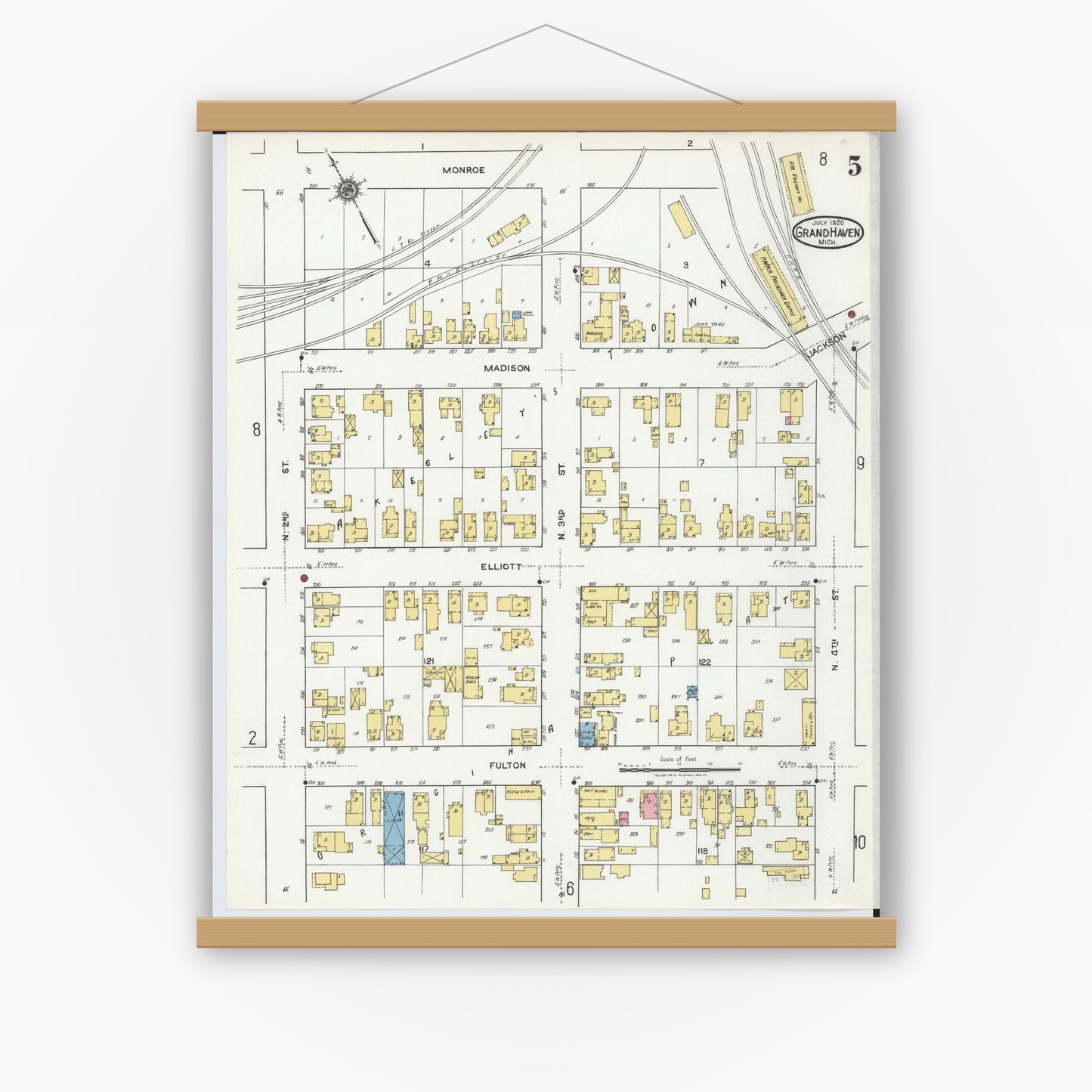 Old map wall art mockup — magnetic wood frame on white wall — Sanborn Fire Insurance Map from Grand Haven, Ottawa County, Michigan (1920), Sheet #0005
