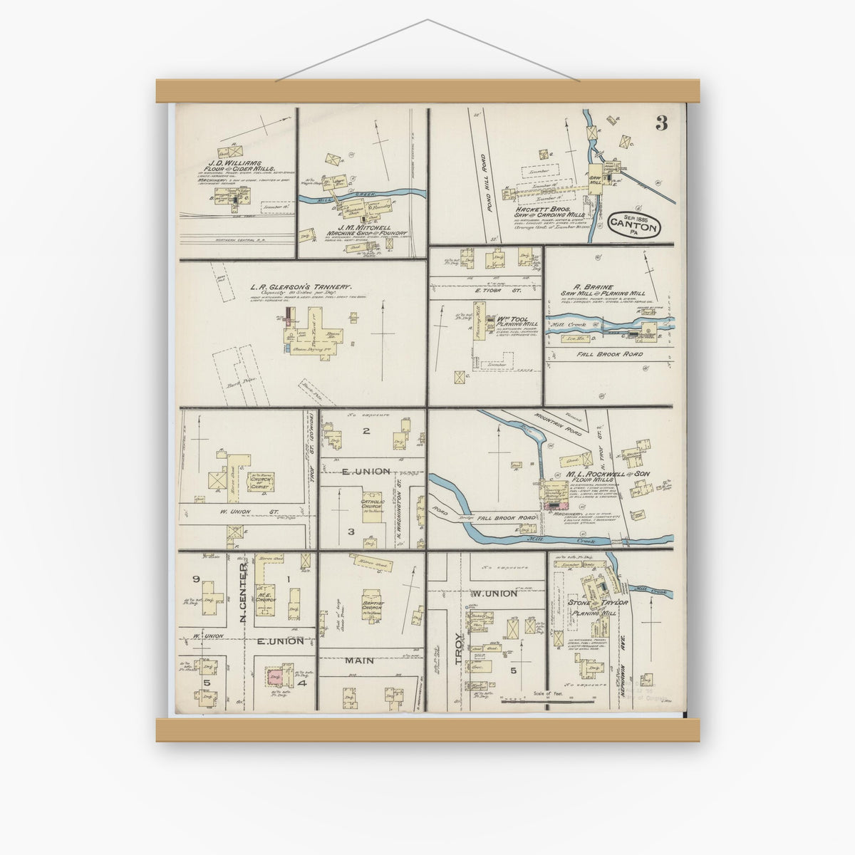 Old map wall art mockup — magnetic wood frame on white wall — Sanborn Fire Insurance Map from Canton, Bradford County, Pennsylvania (1885), Sheet #0003