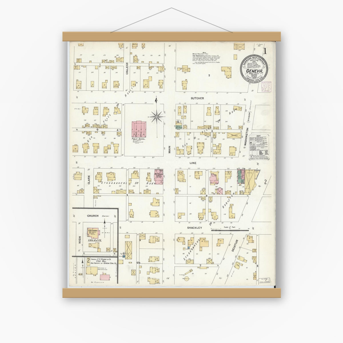 Old map wall art mockup — magnetic wood frame on white wall — Sanborn Fire Insurance Map from Geneva, Adams County, Indiana (1907), Sheet #0001
