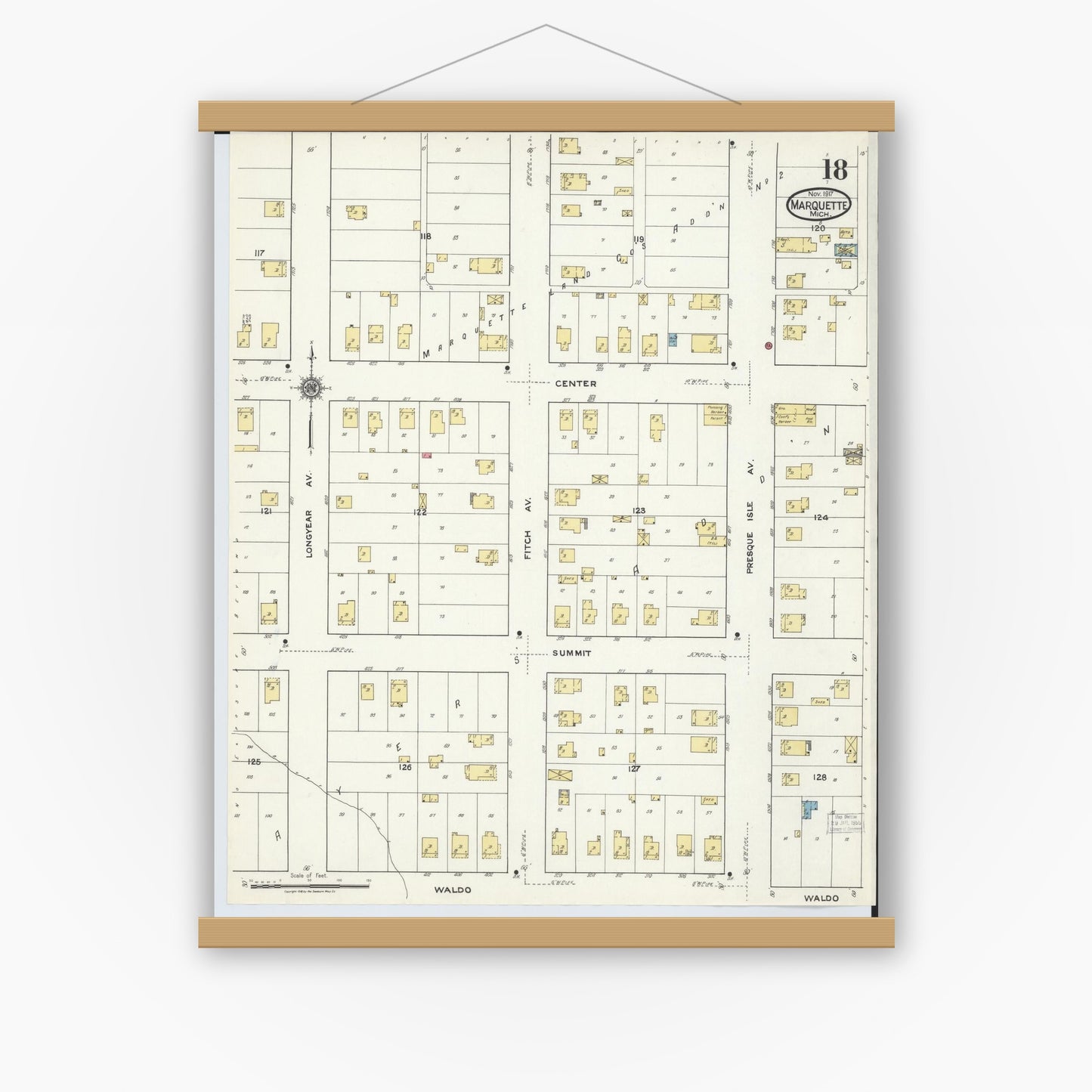 Old map wall art mockup — magnetic wood frame on white wall — Sanborn Fire Insurance Map from Marquette, Marquette County, Michigan (1917), Sheet #0018