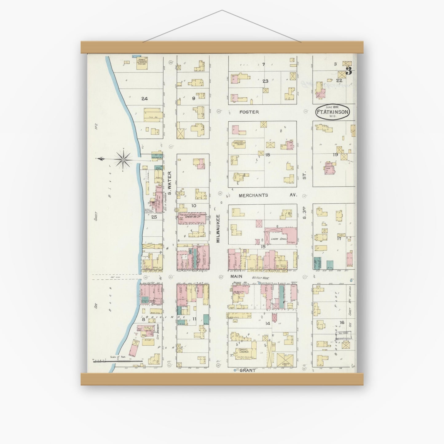 Old map wall art mockup — magnetic wood frame on white wall — Sanborn Fire Insurance Map from Fort Atkinson, Jefferson County, Wisconsin (1892), Sheet #0003