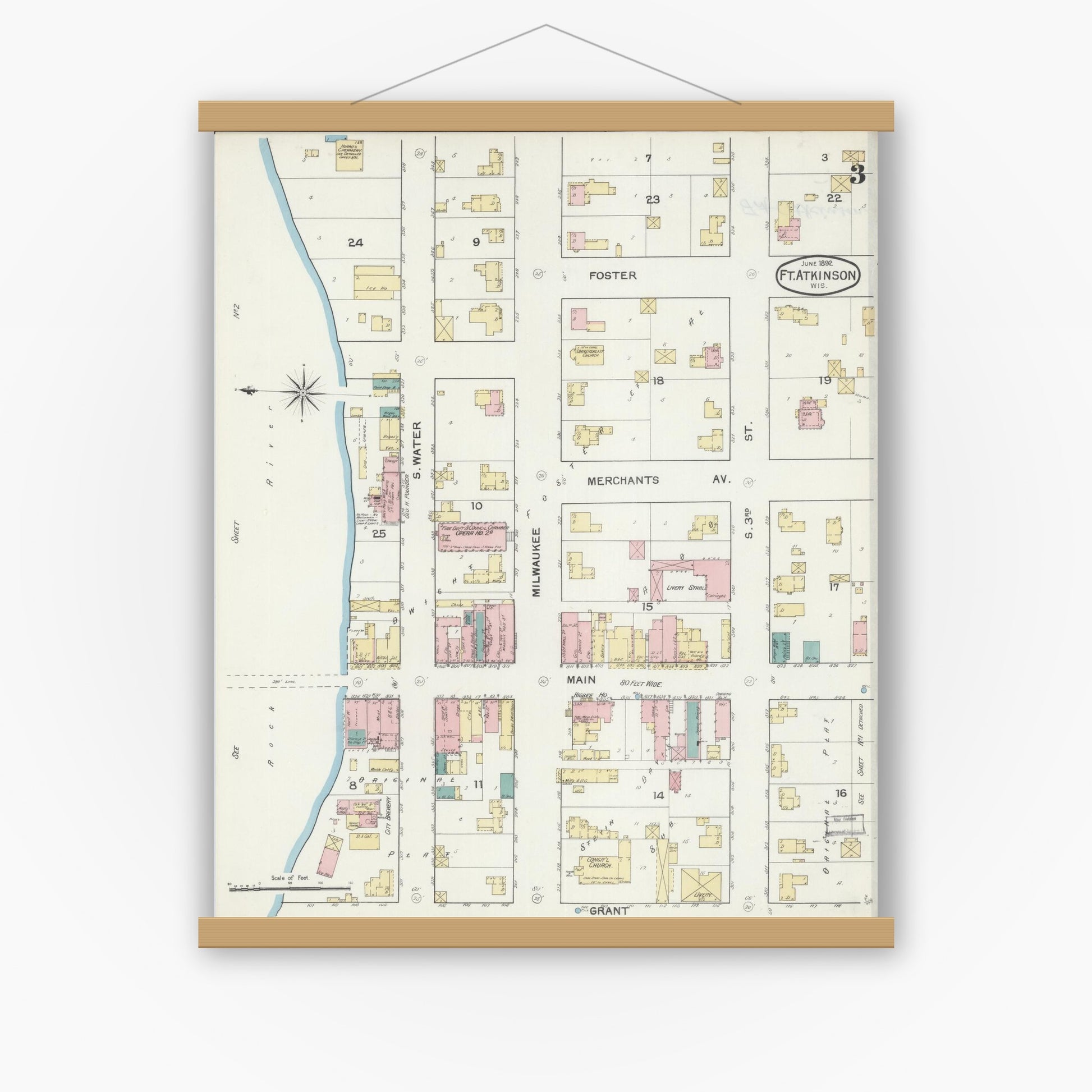 Old map wall art mockup — magnetic wood frame on white wall — Sanborn Fire Insurance Map from Fort Atkinson, Jefferson County, Wisconsin (1892), Sheet #0003