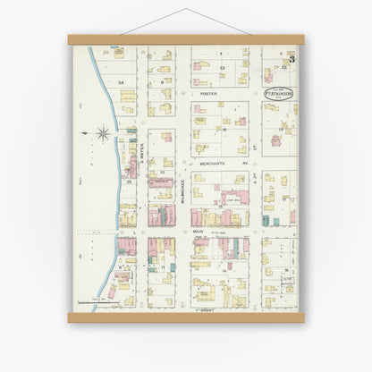 Old map wall art mockup — magnetic wood frame on white wall — Sanborn Fire Insurance Map from Fort Atkinson, Jefferson County, Wisconsin (1892), Sheet #0003
