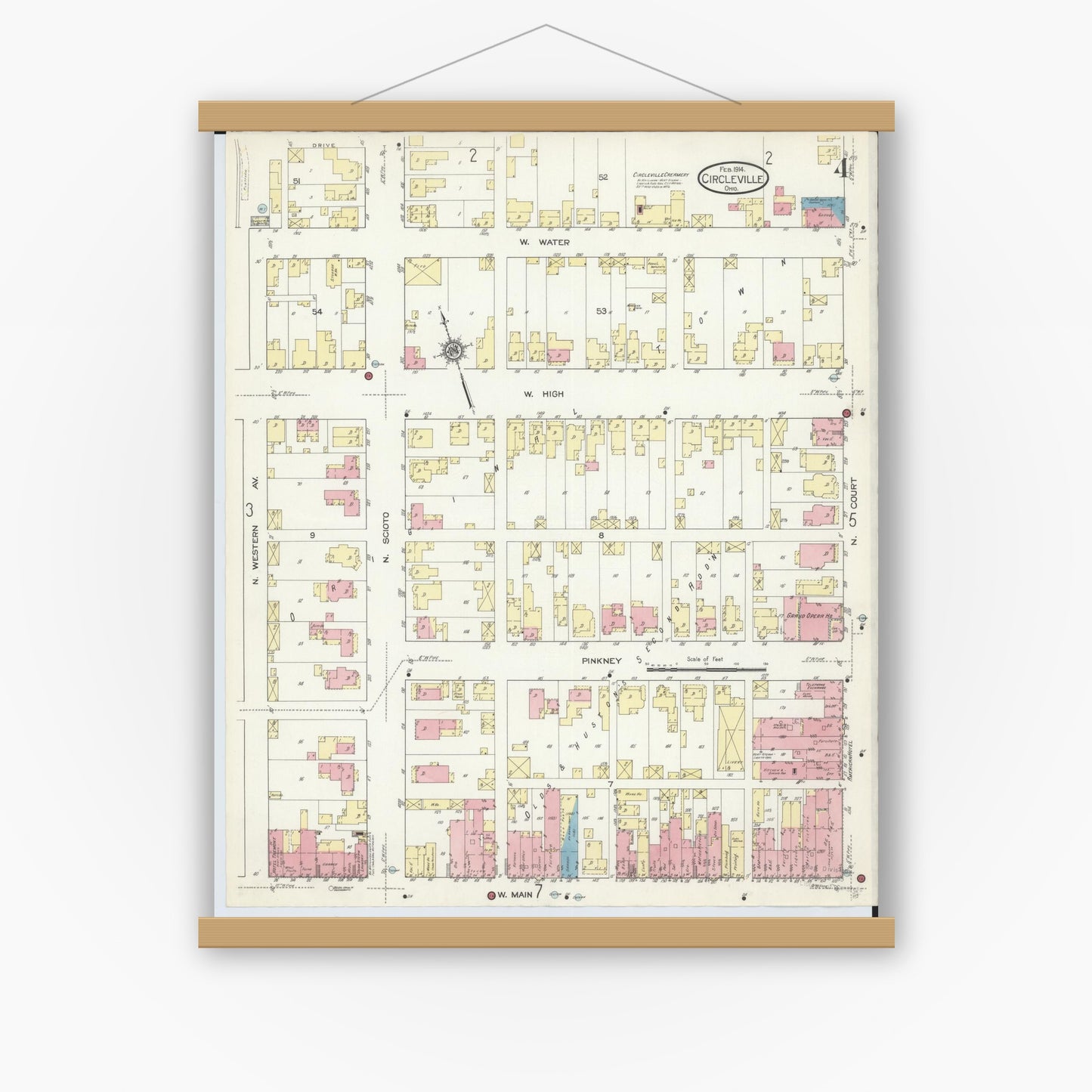Old map wall art mockup — magnetic wood frame on white wall — Sanborn Fire Insurance Map from Circleville, Pickaway County, Ohio (1914), Sheet #0004