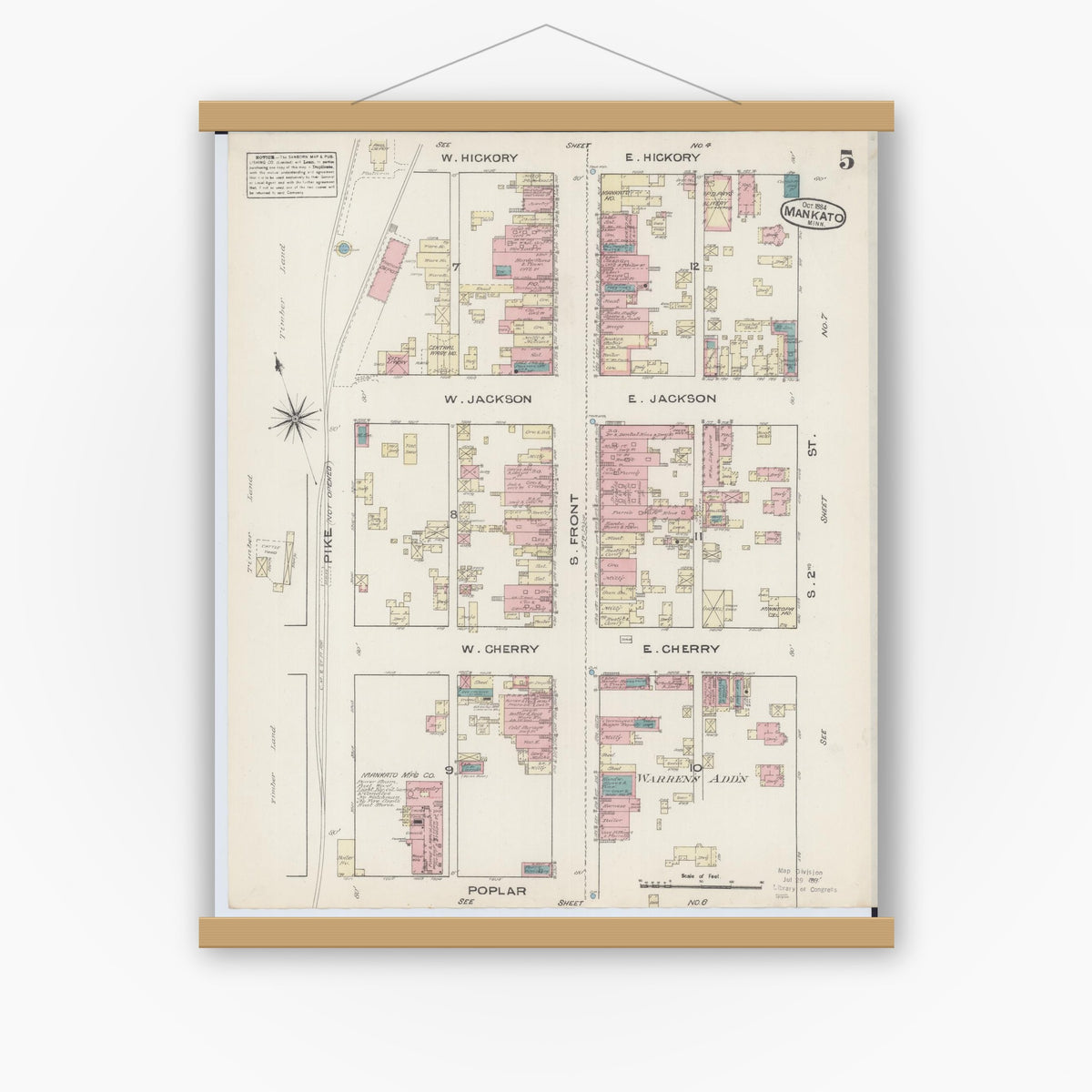 Old map wall art mockup — magnetic wood frame on white wall — Sanborn Fire Insurance Map from Mankato, Blue Earth County, Minnesota (1884), Sheet #0005