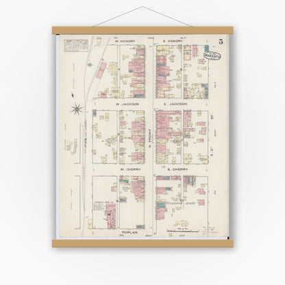 Old map wall art mockup — magnetic wood frame on white wall — Sanborn Fire Insurance Map from Mankato, Blue Earth County, Minnesota (1884), Sheet #0005