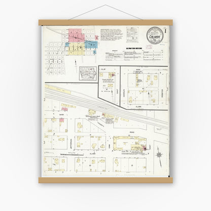 Old map wall art mockup — magnetic wood frame on white wall — Sanborn Fire Insurance Map from Calmar, Winneshiek County, Iowa (1914) â€” Complete Set