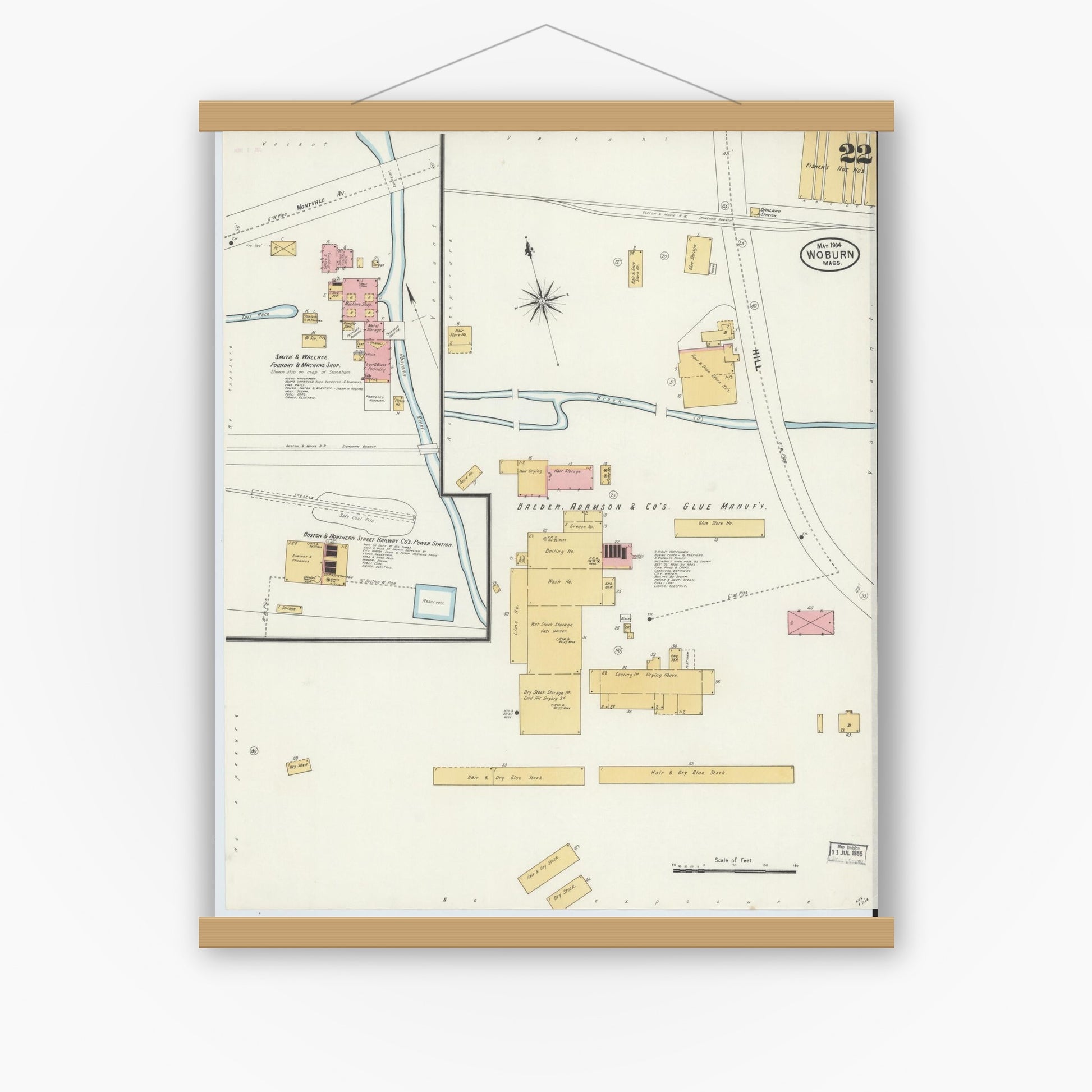 Old map wall art mockup — magnetic wood frame on white wall — Sanborn Fire Insurance Map from Woburn, Middlesex County, Massachusetts (1904), Sheet #0022