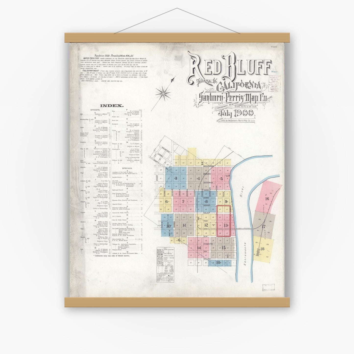 Old map wall art mockup — magnetic wood frame on white wall — Sanborn Fire Insurance Map from Red Bluff, Tehama County, California (1900) - Complete Map Set