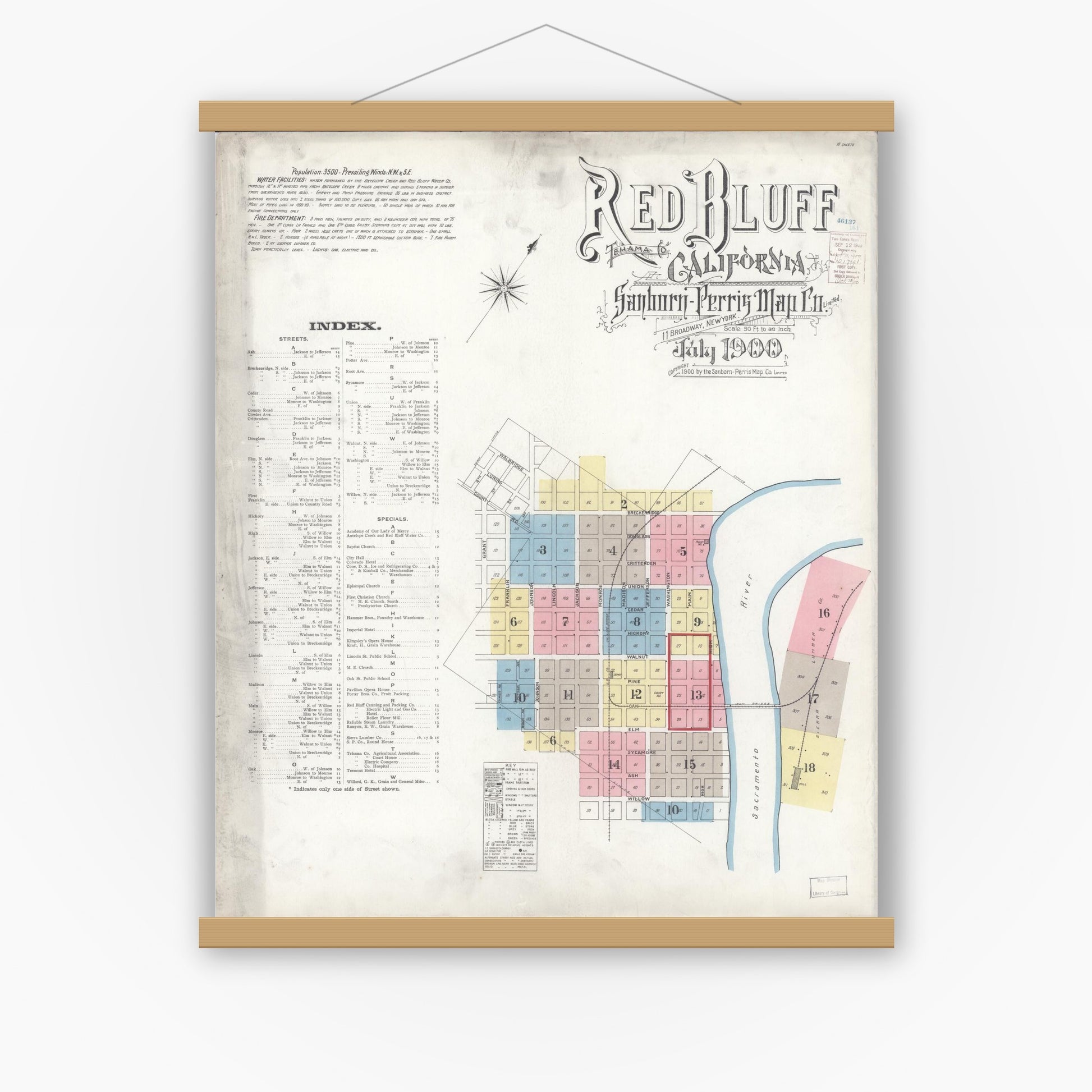 Old map wall art mockup — magnetic wood frame on white wall — Sanborn Fire Insurance Map from Red Bluff, Tehama County, California (1900) - Complete Map Set