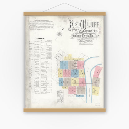 Old map wall art mockup — magnetic wood frame on white wall — Sanborn Fire Insurance Map from Red Bluff, Tehama County, California (1900) - Complete Map Set