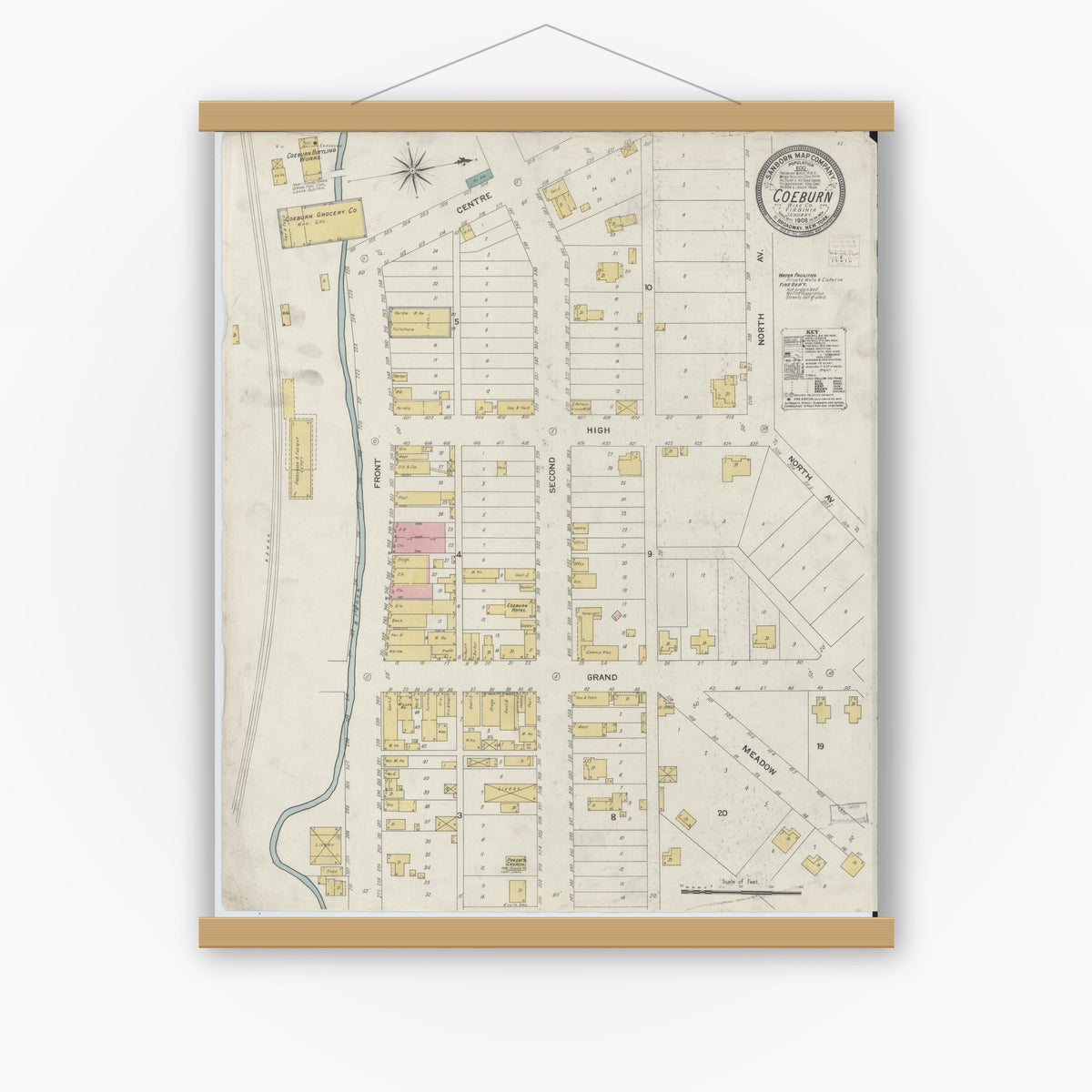 Old map wall art mockup — magnetic wood frame on white wall — Sanborn Fire Insurance Map from Coeburn, Wise County, Virginia (1908), Sheet #0001