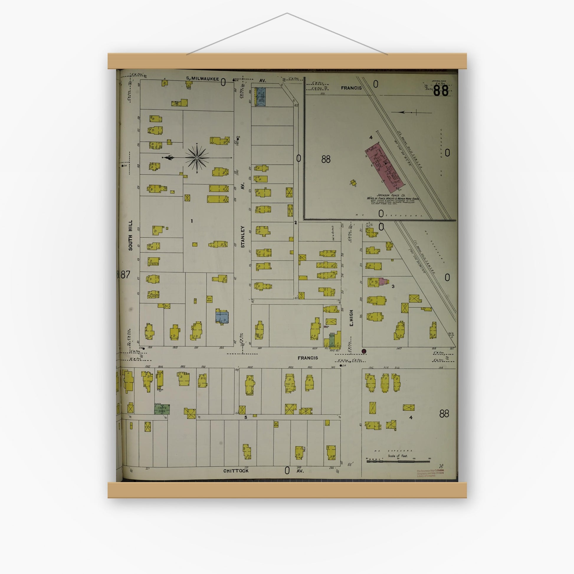 Old map wall art mockup — magnetic wood frame on white wall — Sanborn Fire Insurance Map from Jackson, Jackson County, Michigan (1907), Sheet #0088