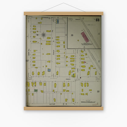 Old map wall art mockup — magnetic wood frame on white wall — Sanborn Fire Insurance Map from Jackson, Jackson County, Michigan (1907), Sheet #0088