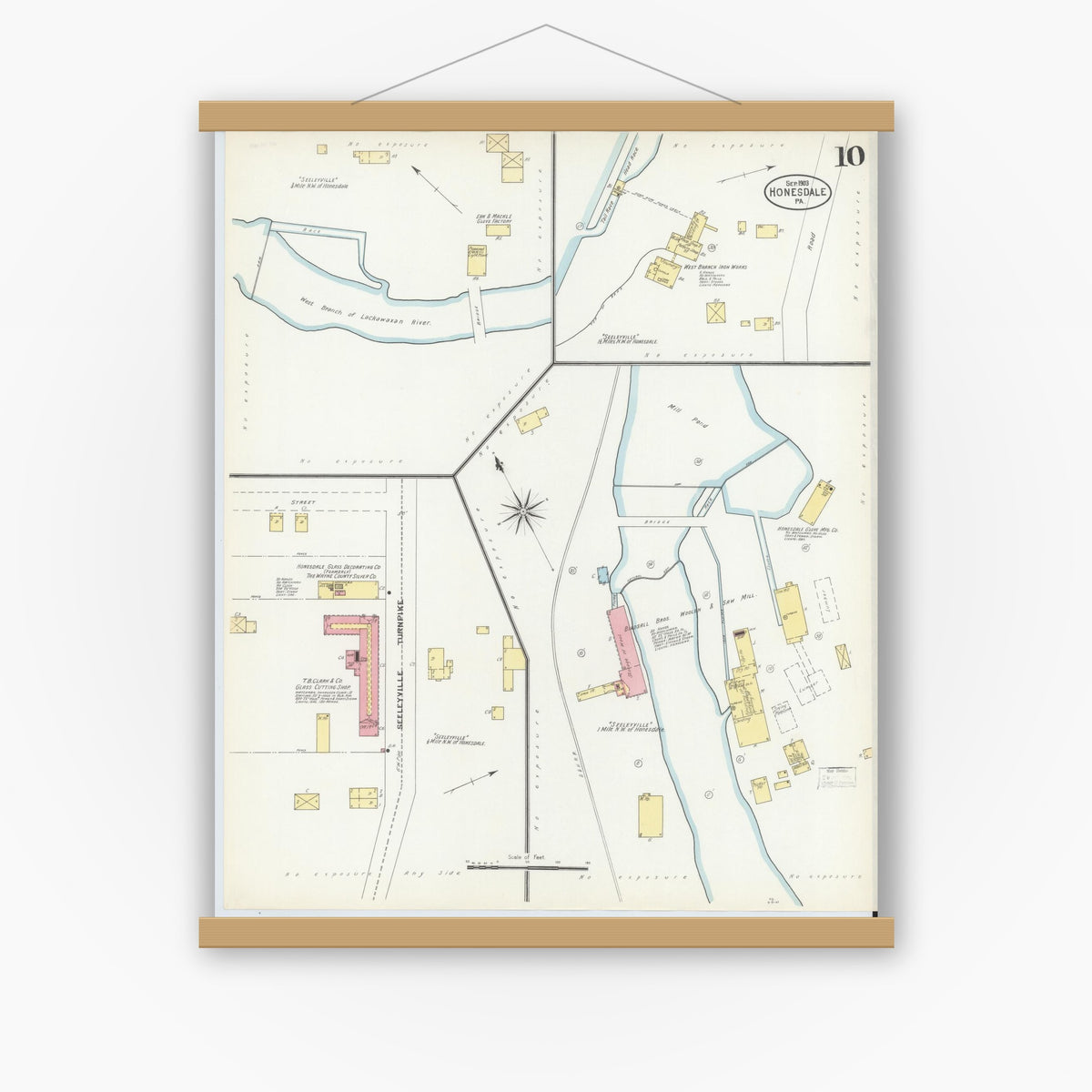 Old map wall art mockup — magnetic wood frame on white wall — Sanborn Fire Insurance Map from Honesdale, Wayne County, Pennsylvania (1903), Sheet #0010
