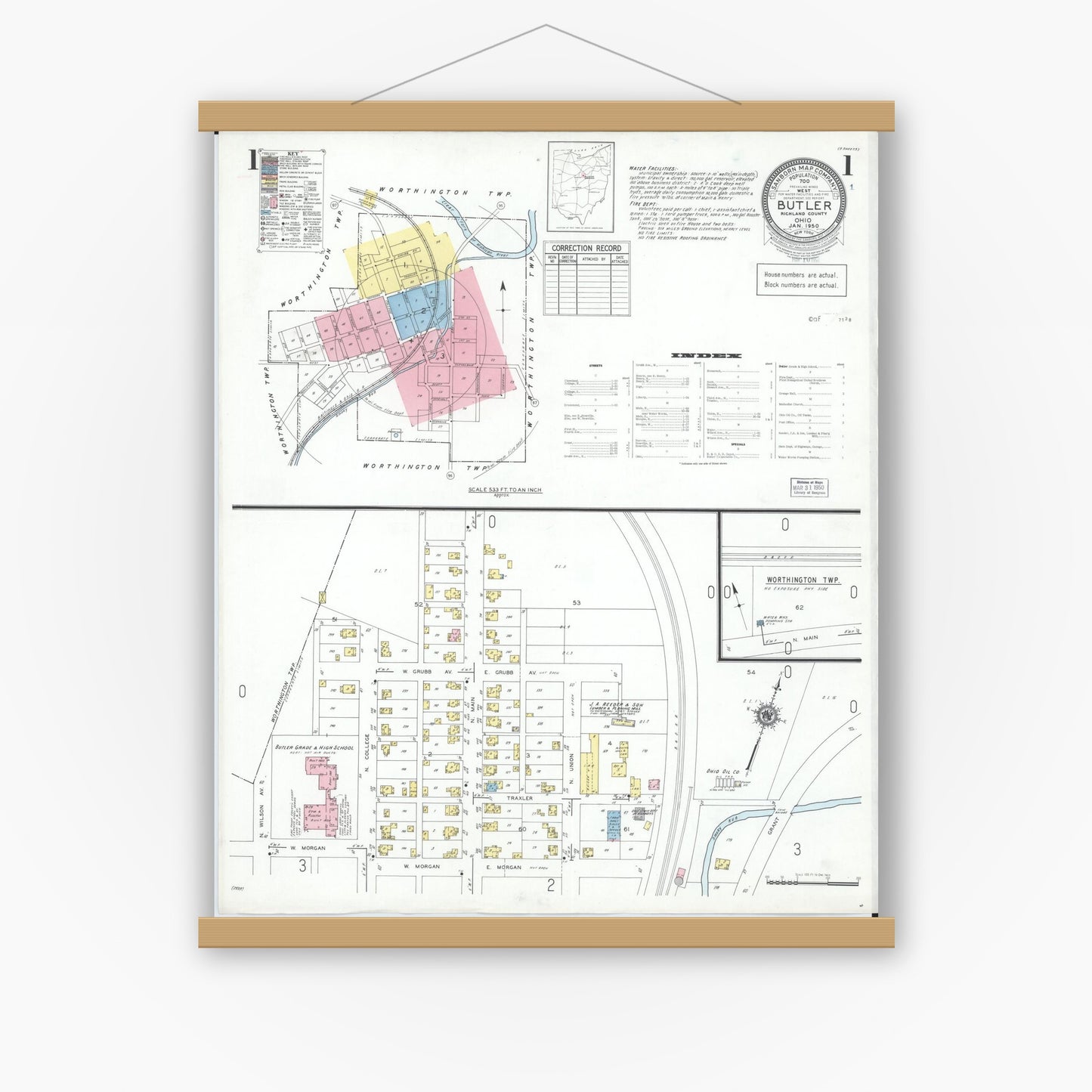 Old map wall art mockup — magnetic wood frame on white wall — Sanborn Fire Insurance Map from Butler, Richland County, Ohio (1950), Sheet #0001
