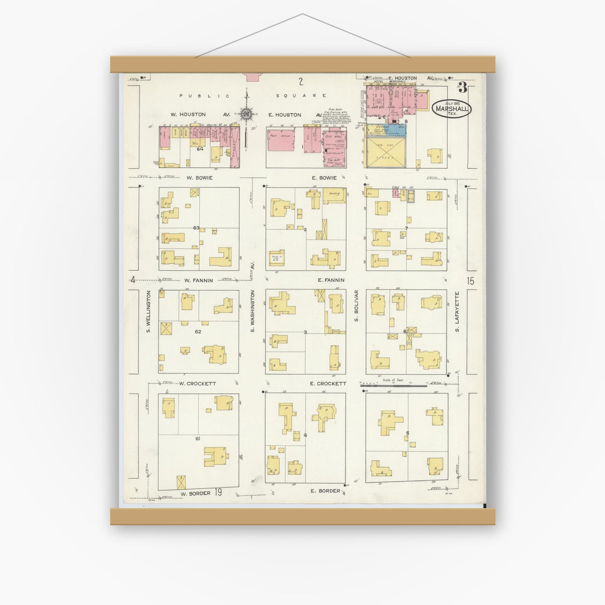 Old map wall art mockup — magnetic wood frame on white wall — Sanborn Fire Insurance Map from Marshall, Harrison County, Texas (1915), Sheet #0003