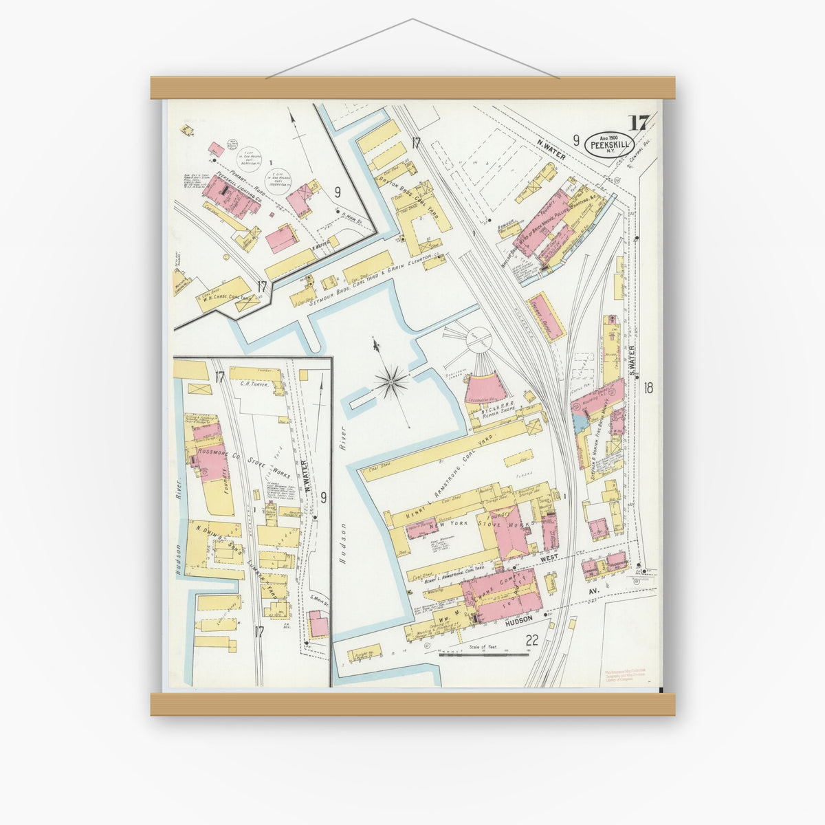 Old map wall art mockup — magnetic wood frame on white wall — Sanborn Fire Insurance Map from Peekskill, Westchester County, New York (1900), Sheet #0017