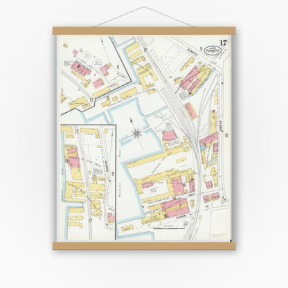 Old map wall art mockup — magnetic wood frame on white wall — Sanborn Fire Insurance Map from Peekskill, Westchester County, New York (1900), Sheet #0017