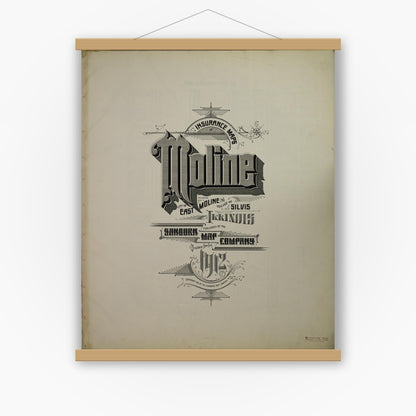 Old map wall art mockup — magnetic wood frame on white wall — Sanborn Fire Insurance Map from Moline, Rock Island County, Illinois (1912), Sheet #0001