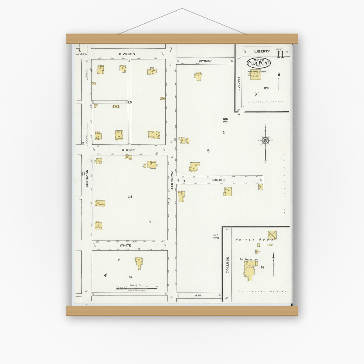 Old map wall art mockup — magnetic wood frame on white wall — Sanborn Fire Insurance Map from Pilot Point, Denton County, Texas (1921), Sheet #0011