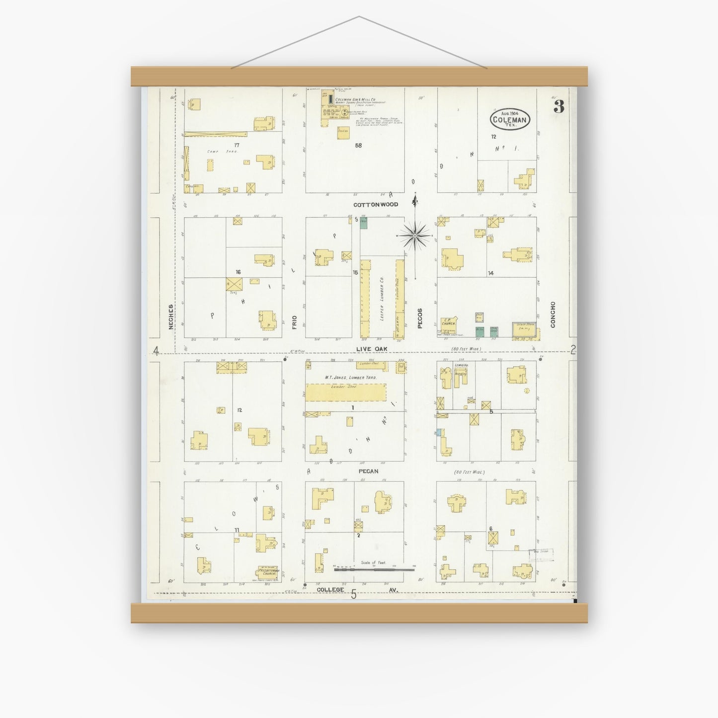 Old map wall art mockup — magnetic wood frame on white wall — Sanborn Fire Insurance Map from Coleman, Coleman County, Texas (1904), Sheet #0003