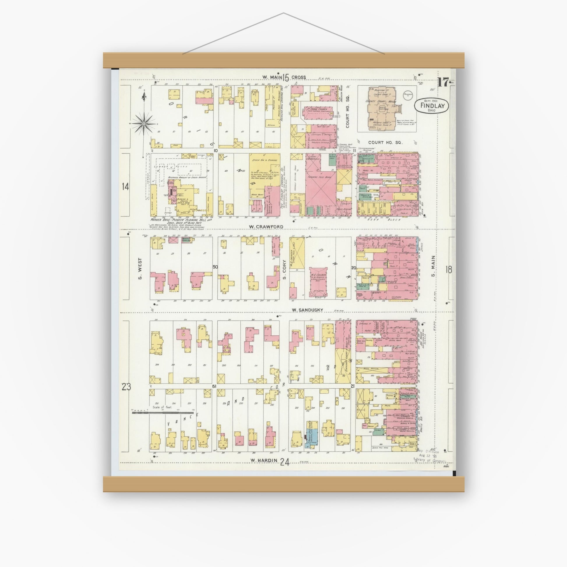 Old map wall art mockup — magnetic wood frame on white wall — Sanborn Fire Insurance Map from Findlay, Hancock County, Ohio (1901), Sheet #0017