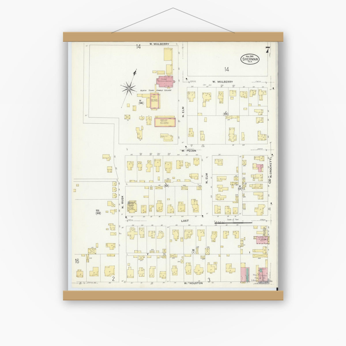 Old map wall art mockup — magnetic wood frame on white wall — Sanborn Fire Insurance Map from Sherman, Grayson County, Texas (1908), Sheet #0007