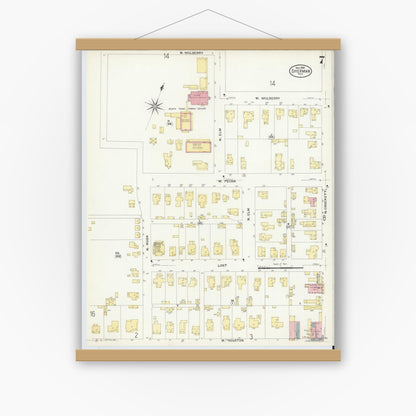 Old map wall art mockup — magnetic wood frame on white wall — Sanborn Fire Insurance Map from Sherman, Grayson County, Texas (1908), Sheet #0007