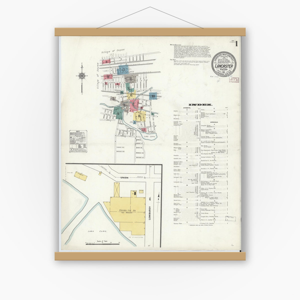 Old map wall art mockup — magnetic wood frame on white wall — Sanborn Fire Insurance Map from Lancaster, Erie County, New York (1911), Sheet #0001