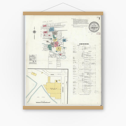 Old map wall art mockup — magnetic wood frame on white wall — Sanborn Fire Insurance Map from Lancaster, Erie County, New York (1911), Sheet #0001