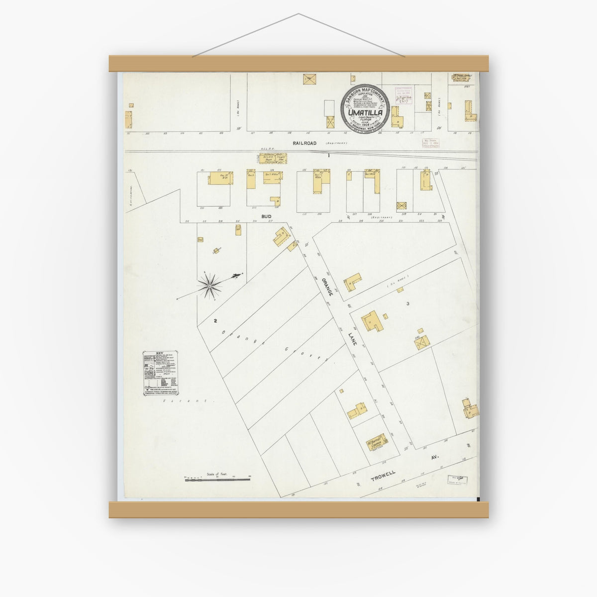 Old map wall art mockup — magnetic wood frame on white wall — Sanborn Fire Insurance Map from Umatilla, Lake County, Florida (1906), Sheet #0001