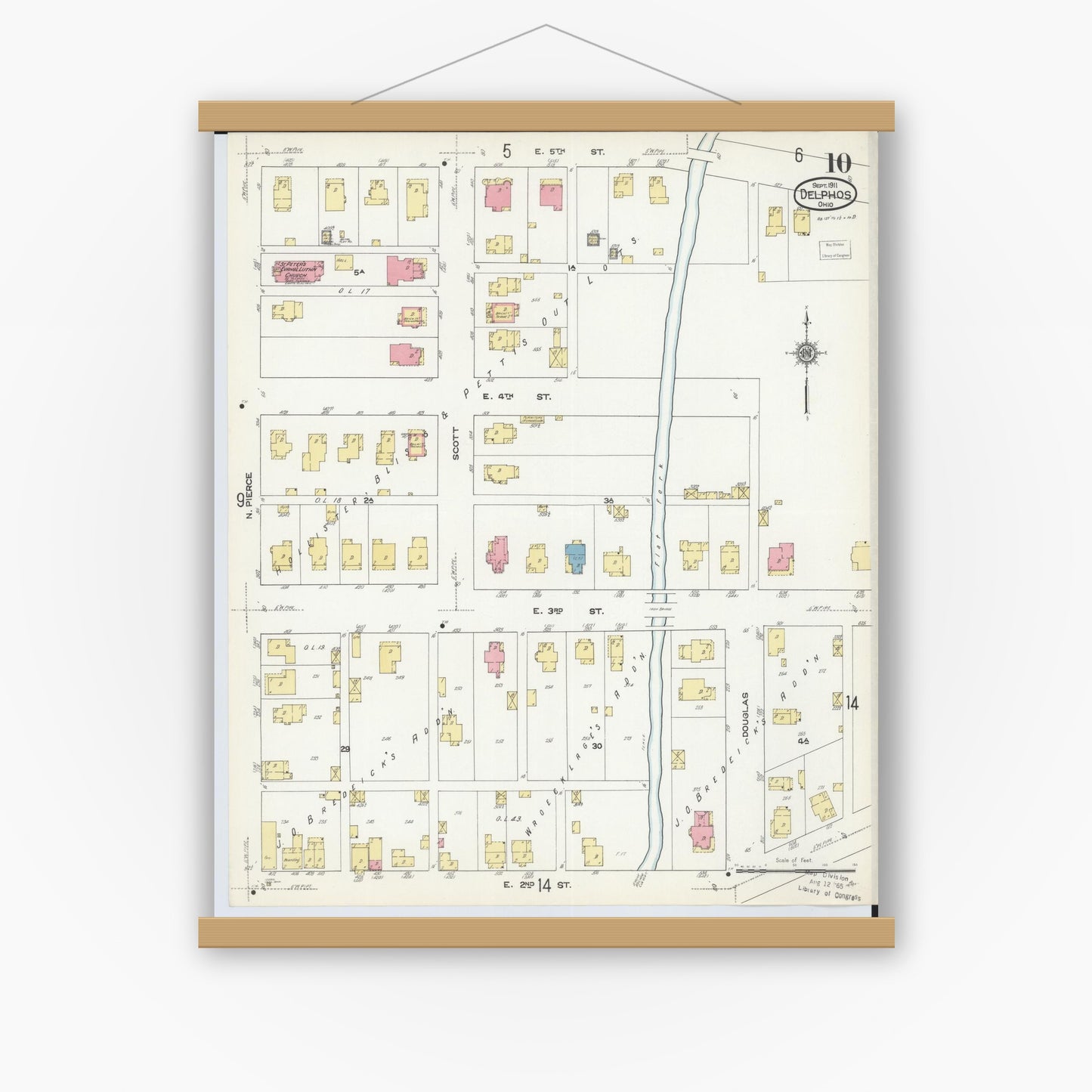 Old map wall art mockup — magnetic wood frame on white wall — Sanborn Fire Insurance Map from Delphos, Van Wert And Allen Counties, Ohio (1911), Sheet #0010