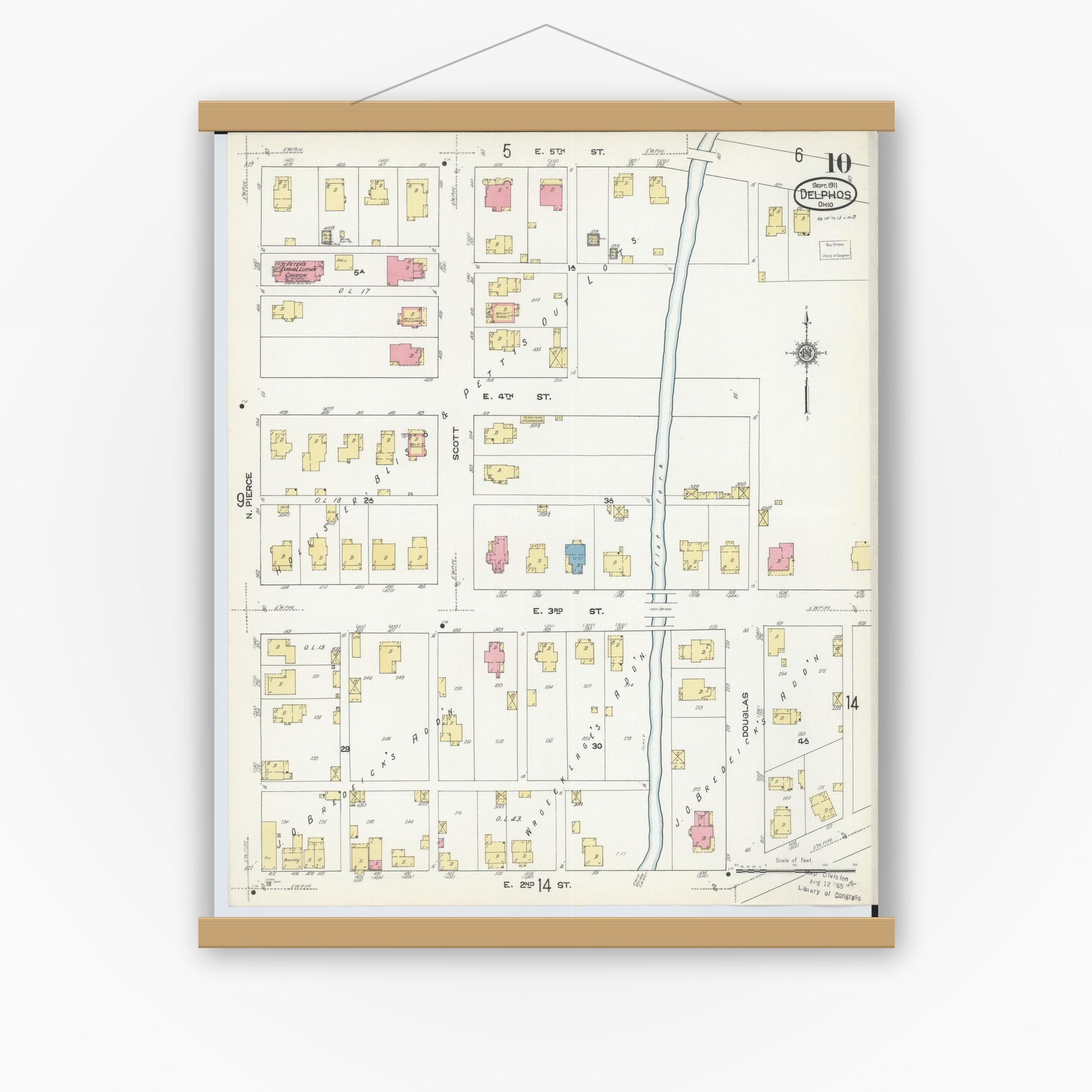 Old map wall art mockup — magnetic wood frame on white wall — Sanborn Fire Insurance Map from Delphos, Van Wert And Allen Counties, Ohio (1911), Sheet #0010