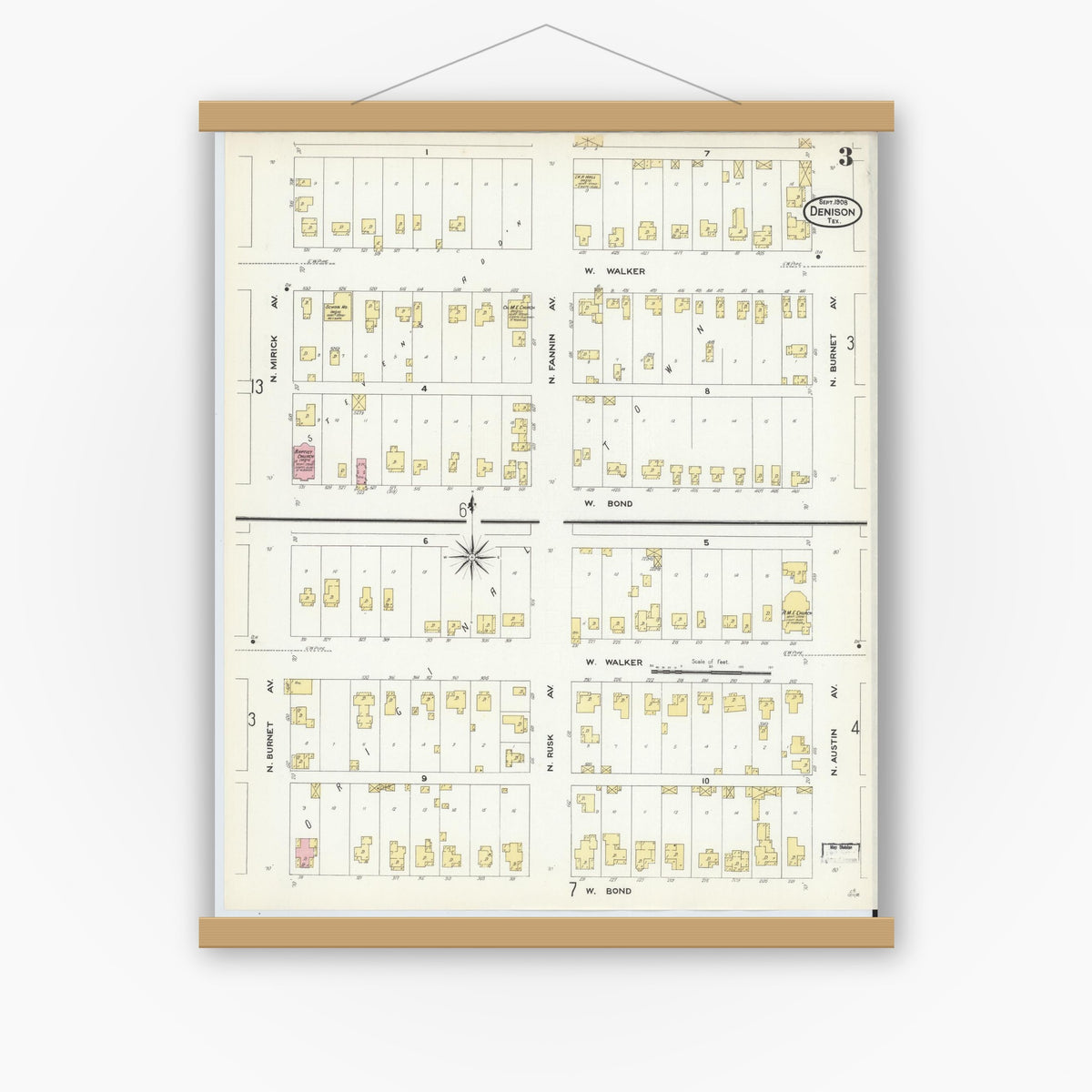 Old map wall art mockup — magnetic wood frame on white wall — Sanborn Fire Insurance Map from Denison, Grayson County, Texas (1908), Sheet #0003