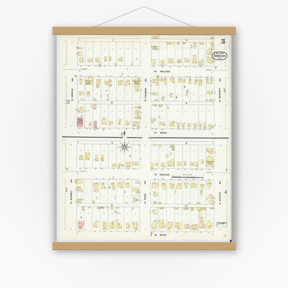 Old map wall art mockup — magnetic wood frame on white wall — Sanborn Fire Insurance Map from Denison, Grayson County, Texas (1908), Sheet #0003