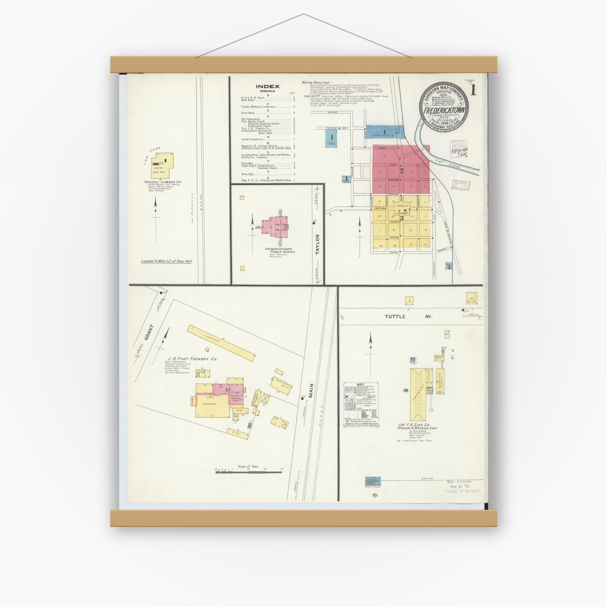 Old map wall art mockup — magnetic wood frame on white wall — Sanborn Fire Insurance Map from Fredericktown, Knox County, Ohio (1908) - Complete Map Set