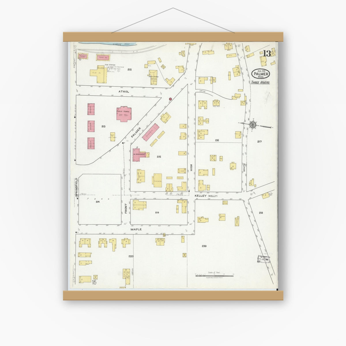 Old map wall art mockup — magnetic wood frame on white wall — Sanborn Fire Insurance Map from Palmer, Hampden County, Massachusetts (1918), Sheet #0013