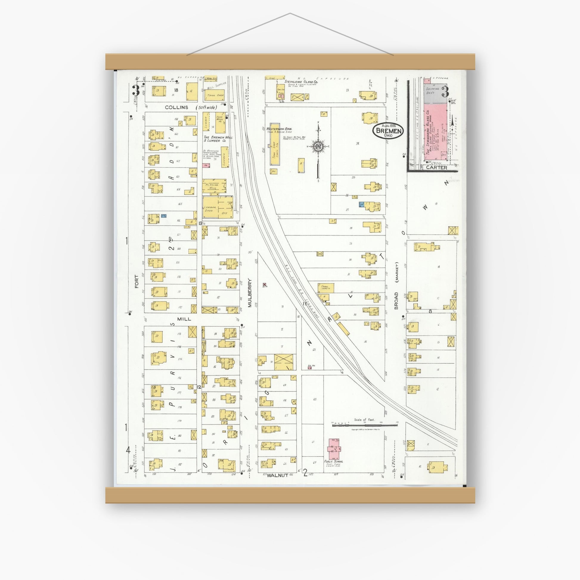 Old map wall art mockup — magnetic wood frame on white wall — Sanborn Fire Insurance Map from Bremen, Fairfield County, Ohio (1926), Sheet #0003