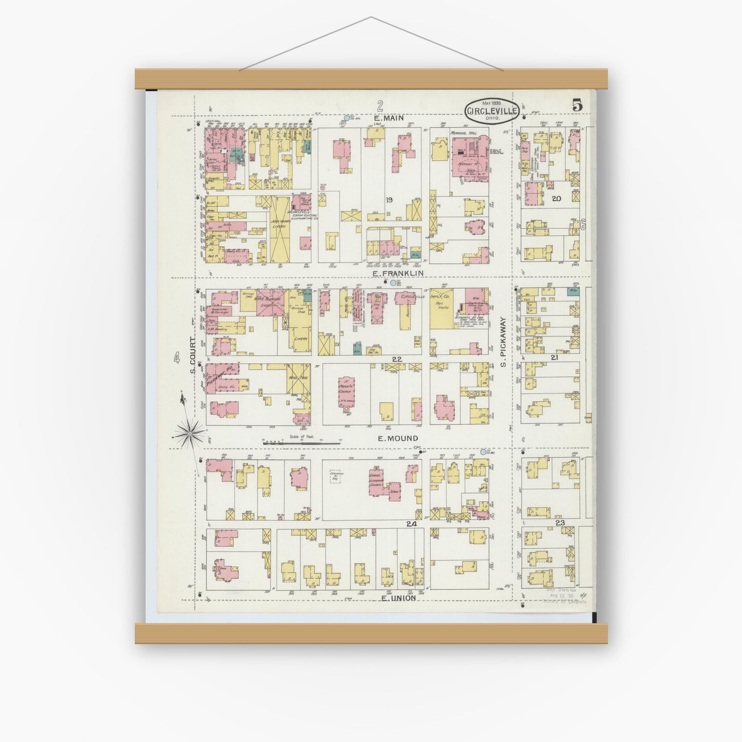Old map wall art mockup — magnetic wood frame on white wall — Sanborn Fire Insurance Map from Circleville, Pickaway County, Ohio (1893), Sheet #0005