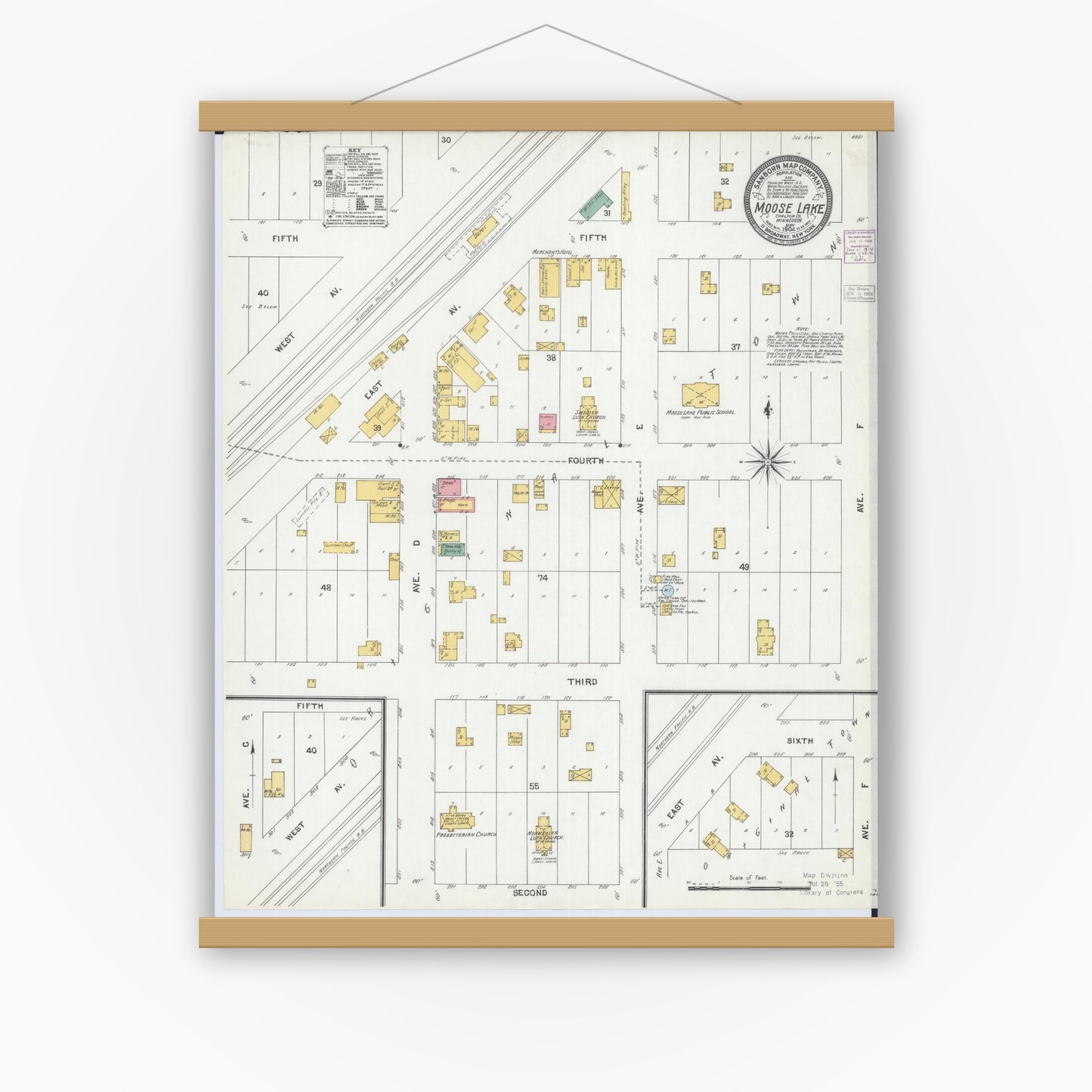 Old map wall art mockup — magnetic wood frame on white wall — Sanborn Fire Insurance Map from Moose Lake, Carlton County, Minnesota (1904), Sheet #0001
